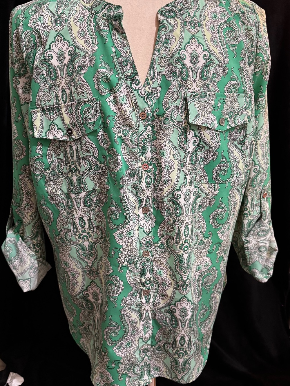 Beautiful Elementz Green Paisley Button-Front Blouse